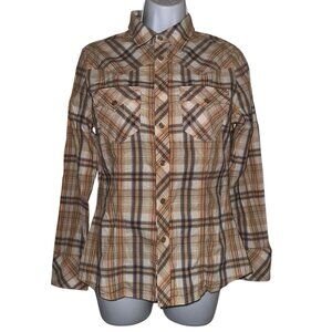 True Religion Pearl Snap Western Shirt Womens S Button Front Plaid Logo Tan
